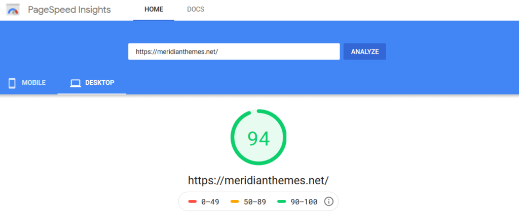 google pagespeed insights results