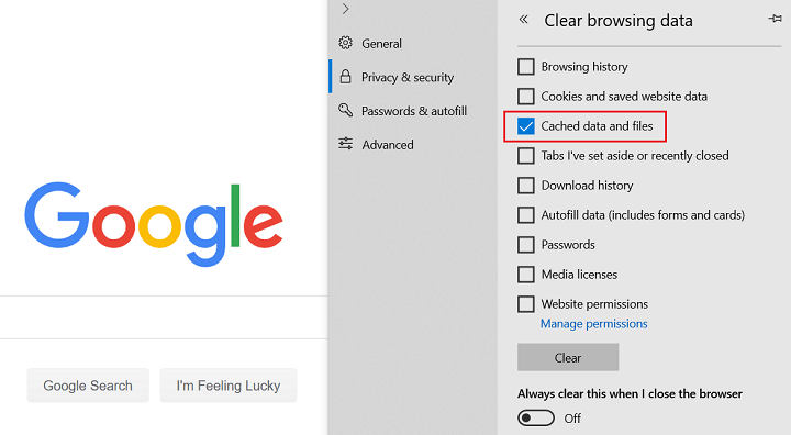 data browsing clear options in Microsoft edge